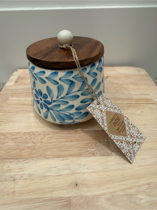 Other - Blue Floral Ceramic Jar with Wooden Lid